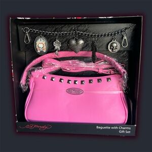 Ed Hardy Studded Pink Baguette Bag w/ Charms (NWT)